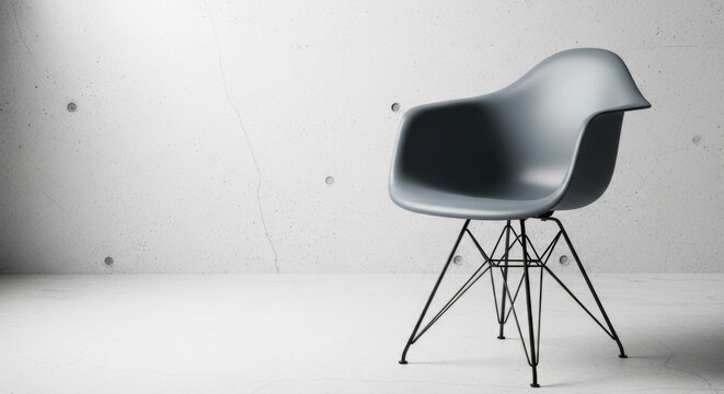 Modern gray Eames-style chair with black Eiffel legs on a textured concrete background, minimalist interior design