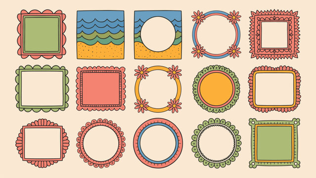 Collection of fifteen hand drawn decorative frames and borders in various shapes and colors doodle