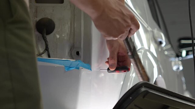 PDR. Paintless Car Dent Repair. The process of repairing dents on the car body without painting. The mechanic at the auto shop with tools to repair dents in car body. Body repair.
