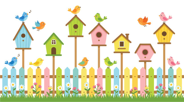 Colorful vector illustration featuring cute small singing birds perched on various vibrant wooden bird houses