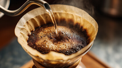 Fototapeta premium Pouring hot water from a gooseneck kettle stream into ground coffee beans in a paper filter holder dripper. Manual pour over alternative brewing method process in a cozy cafe