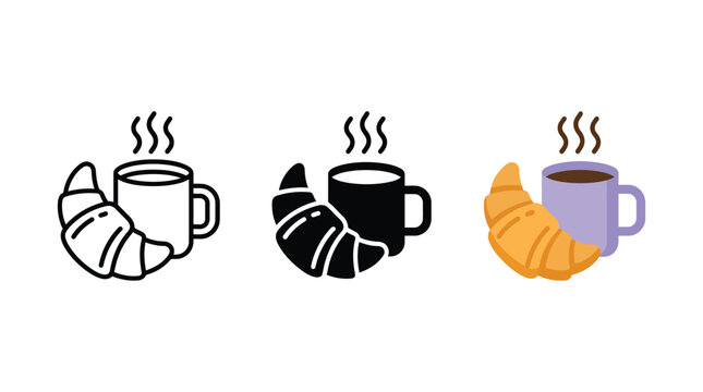 Simple flat vector illustration of a warm croissant paired with a steaming hot coffee mug