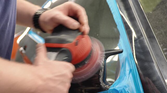 A man polishes a taillight, a car headlight with a polishing machine. The concept of polishing car paintwork. The car wax polishing process. The process of polishing the taillights. Car detailing. 