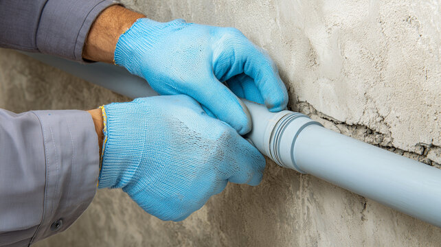 Professional plumber hands in blue gloves connecting grey plastic pipes on a concrete wall background. Home renovation and maintenance service concept