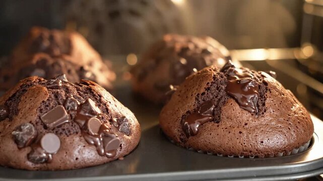 Delicious double chocolate chip muffins bake in oven. Watch as they rise and become fluffy in this time lapse by VSRExport