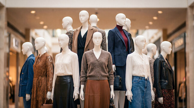 Fashionable women's clothing from the autumn collection on mannequins in the mall. Boutique showroom