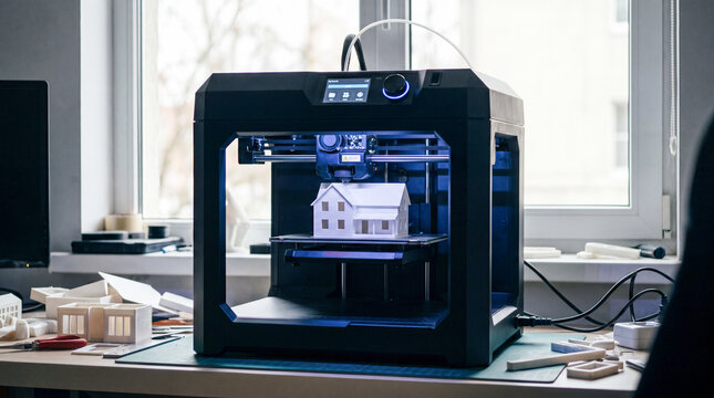 A 3D printer prints the layout of a house, modeling the layout of an architectural project. An innovative approach to real estate construction and design