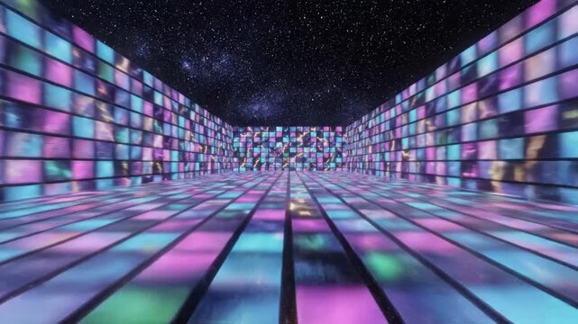 Colorful light flashes on a wall of cell tiles in a digital space at night