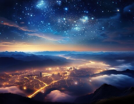 starlit nightscape over emea illuminated cities and cloud covered horizons