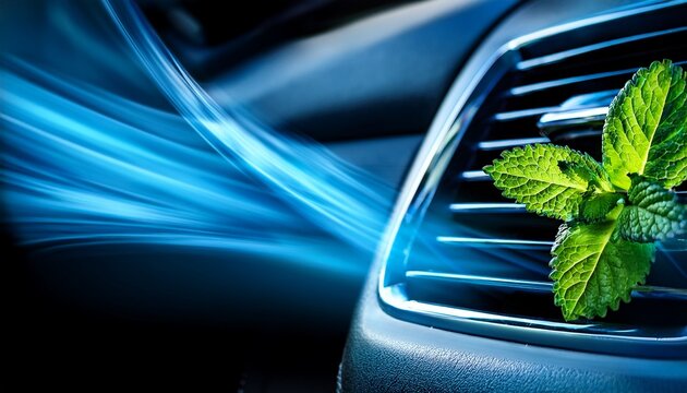 close up of car ac vent blowing stylized blue air carrying fresh green mint leaves in a dark interior concept for aromatherapy advertising natural air fresheners and vehicle deodorization products