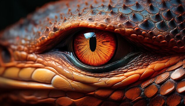 a close up of a reptile s eye with intricate scaly skin and vibrant orange iris