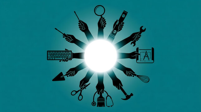 Diverse professions and skills represented by hands holding tools
