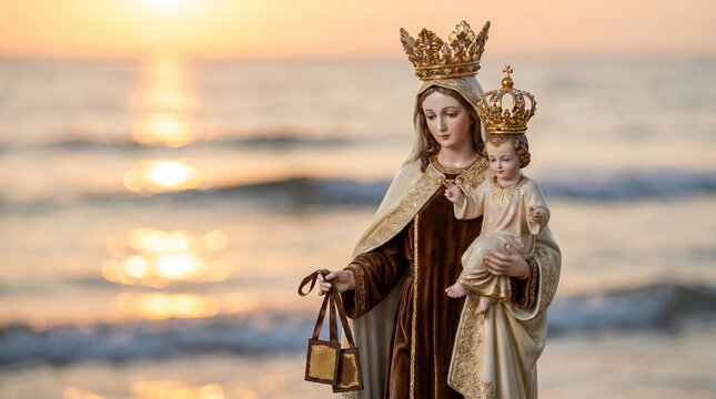 Generado por IA. Hermosa estatua de Nuestra Se&ntilde;ora del Carmen y el Ni&ntilde;o Jes&uacute;s sosteniendo el escapulario, con fondo de mar y olas al atardecer