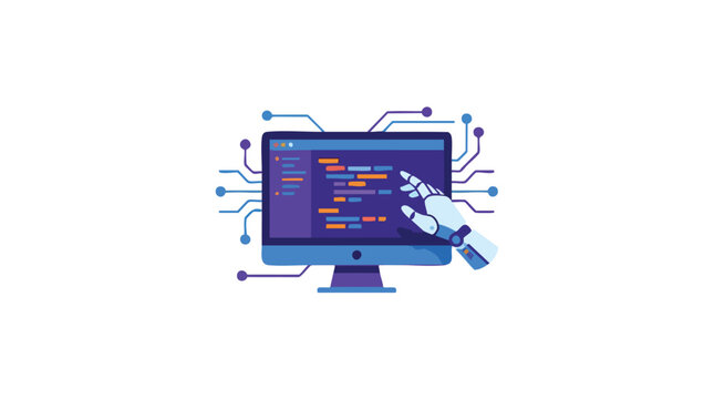 Robotic Hand Interacting with Computer Code on Screen.