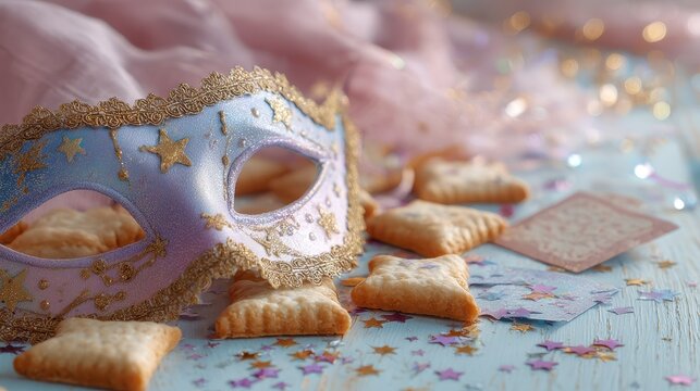 Pastel still life: festive masquerade mask, glitter stars and hamantaschen cookies for a Purim celebration