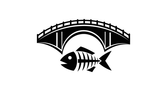 Arched bridge over fish skeleton bone icon.
