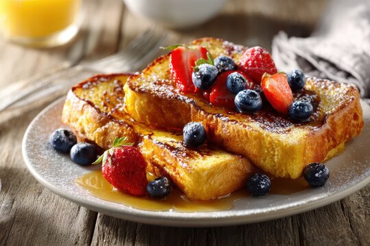 Comforting breakfast dish: French toast with berries, maple glaze, and powdered sugar presentation