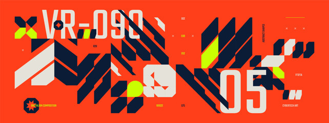 Obraz premium Abstract cyberpunk banner with future tech geometric elements in Ski Fi style, Flat futuristic background with brutalism shapes, technology Hi Tech y2k ornament, Red cyberspace gaming dashboard
