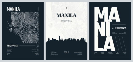 Fototapeta premium Detailed street plan city map Manila is the capital and second-most populous city of the Philippines, Silhouette skyline artwork, kit 2