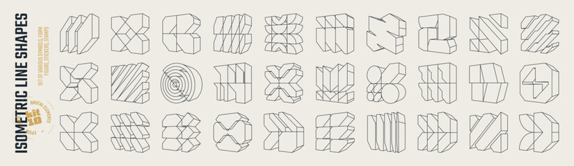 Obraz na płótnie Canvas Isometric line brutal 3D shapes, Brutalism volumetric carcass various form, Postmodern abstract geometric graphic frame elements, trendy cyber design symbols in futuristic aesthetics, vector set 10