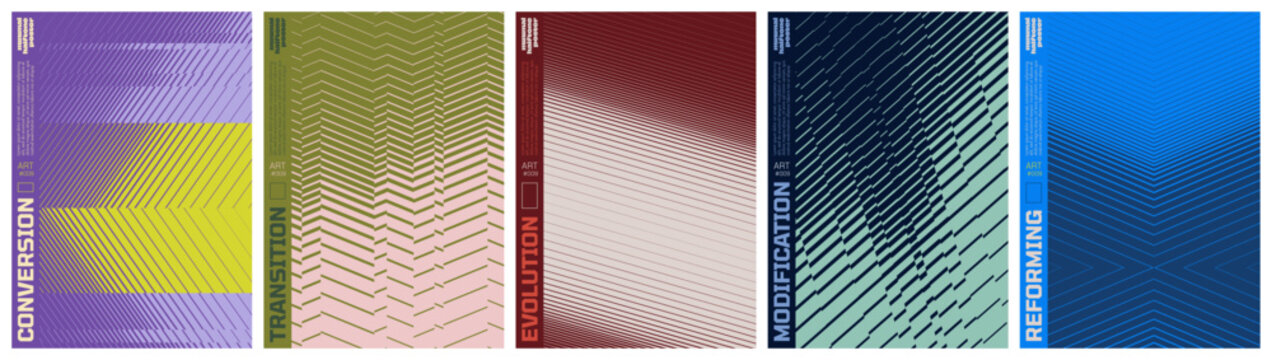 Abstract geometric vector poster set with halftone grid and optical illusion patterns, Shape distortion and linear gradients with transition effect, dynamic graphic for banner and wall art, kit 5