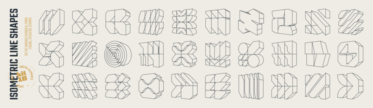 Isometric line brutal 3D shapes, Brutalism volumetric carcass various form, Postmodern abstract geometric graphic frame elements, trendy cyber design symbols in futuristic aesthetics, vector set 10
