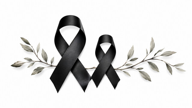 Two black mourning ribbons with gray leaves on white background, solemn memorial composition for grief, remembrance and condolence designs.