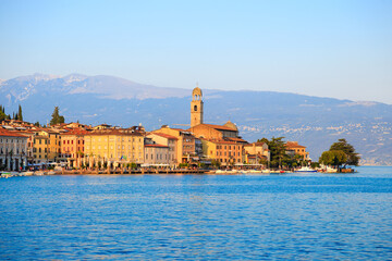 Naklejka premium The village of Salo on Lake Garda. The famous tourist destination on the lake. Italian Alps, Riva del Garda.