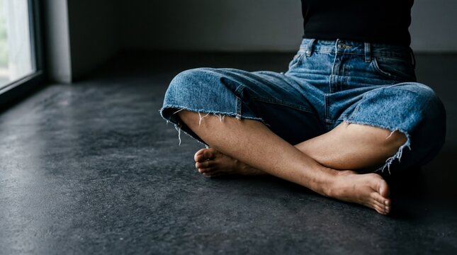 young teenager wearing a pair of blue jorts, loft studio style, jeans aesthetics