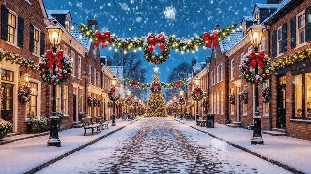 Snow falling on empty street with decorations during winter season in a small town at night