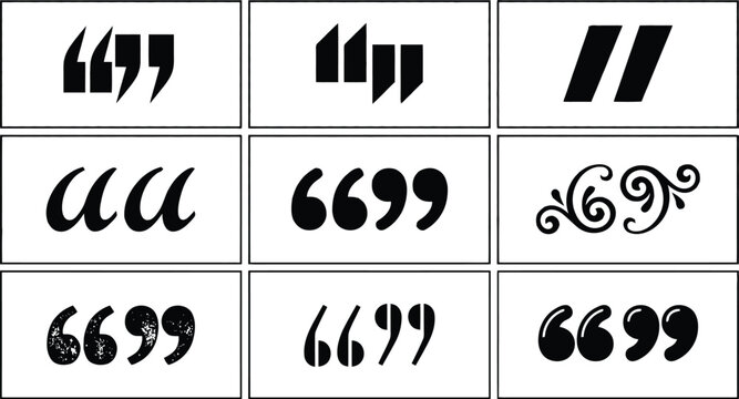 Quotation marks collection featuring various typographic styles and artistic font designs for professional editorial layout and graphic design projects