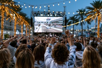 Obraz premium Energetic outdoor fan zone crowd at dusk watches a large LED screen showing a racing circuit in excitement.