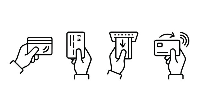 Set of credit card payment icons showing various transaction methods with payment method, terminal