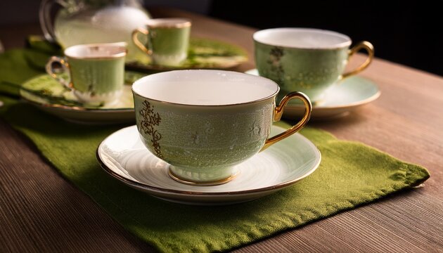cup and saucers on table swedish design vintage retro scandinavian design on table green napkin lillemor gefle