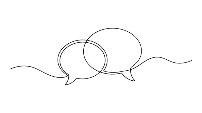 Minimalist continuous line drawing of intersecting speech bubbles with dialogue, conversation