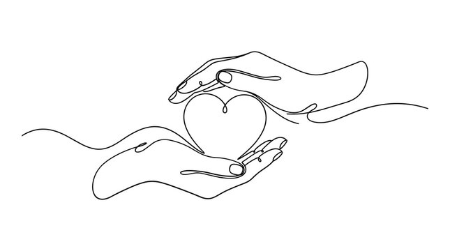 Continuous one line drawing of hands holding a heart with continuous minimalist kindness donation