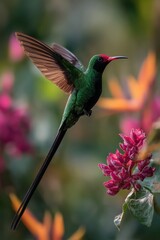 Fototapeta premium Endemic Jamaican hummingbird hovering near heliconia blossoms in sunlit jungle garden