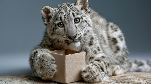 Snow Leopard Cub Portrait with Blank Cardboard Sign