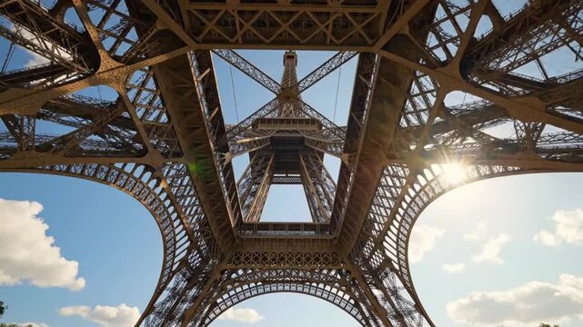 Explore the Eiffel Tower from below on a sunny summer day with clear skies and bright sunlight shining through the structure