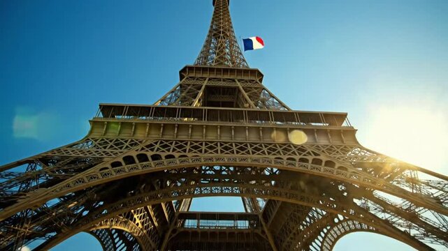 View of Eiffel Tower from the ground in Paris during summer day with tourists enjoying the sunny weather and exploring the site