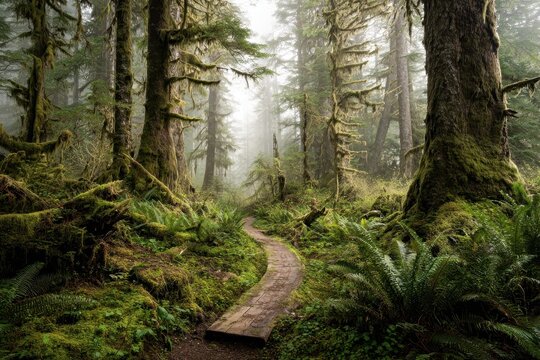 Morning light through a temperate rainforest canopy along a wooden forest path