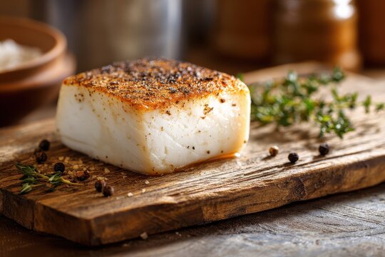 Smoked mozzarella block on a rustic wooden board with thyme and pepper accents