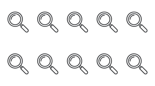 Set of ten identical magnifying glass icons for search functionality with magnifying, investigation