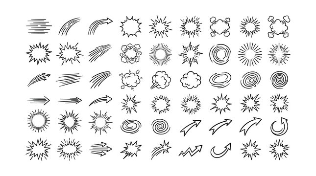 Set of comic book action burst elements and motion speed lines with explosion, illustration
