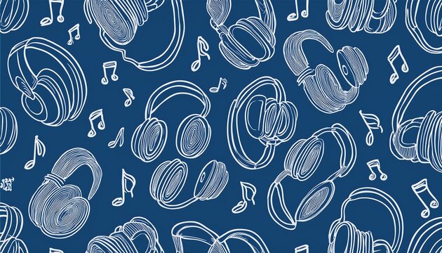 seamless pattern of blue hand drawn outline monochrome doodle ear headphone with music notes playful mediterranean navy audio background print design for travel accessories playlist decor