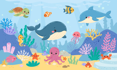 Fototapeta premium Seabed cartoon landscape with colorful fish and playful octopus, friendly dolphin, whale and crab exploring sandy ocean floor. Underwater scene with coral reef, swimming turtle and seaweed