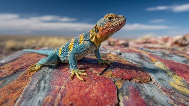 Eastern Collared Lizard perched on rainbow petrified wood in a desert landscape
