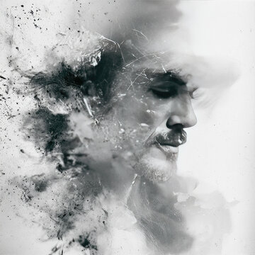 Abstract human portrait on a white background with dust and scratch overlay creating a vintage film texture.