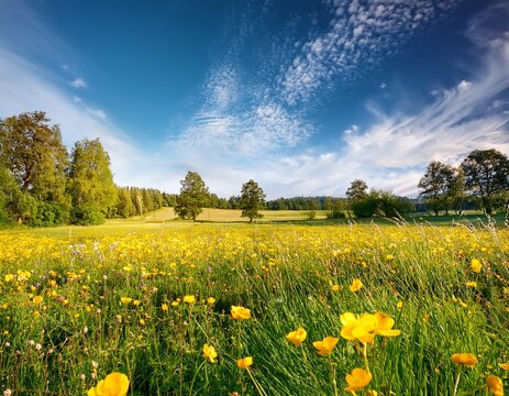 buttercups and ble sky on swedish summer meadow scandinavian midsummer