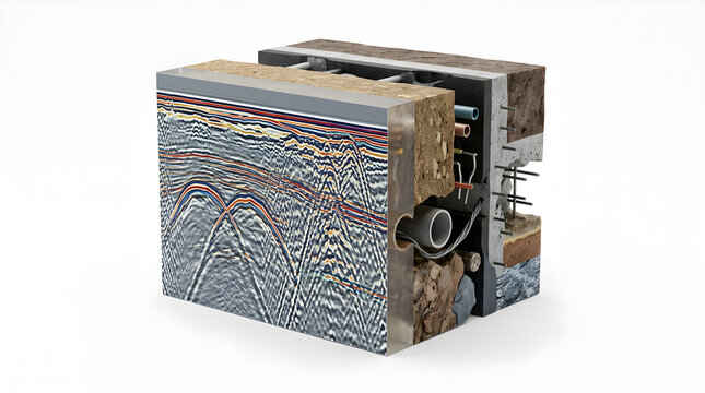 3D scientific render of a ground-penetrating radar (GPR) reflection profile showing subsurface structures, suitable for science education, isolated on a white background